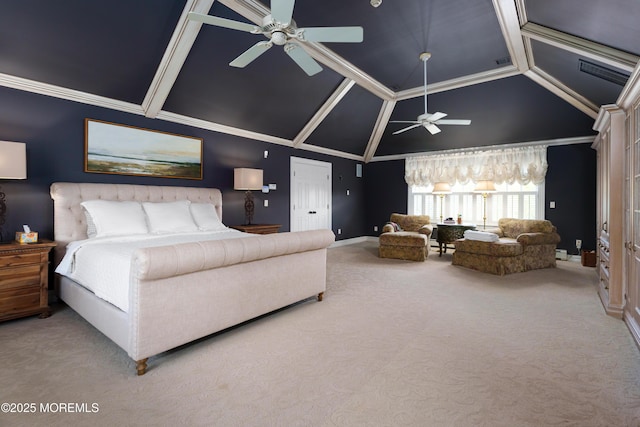7 Stoney Brook Dr, Millstone, NJ 08510 - bedroom with baseboards, carpet floors, a ceiling fan, and high vaulted ceiling
