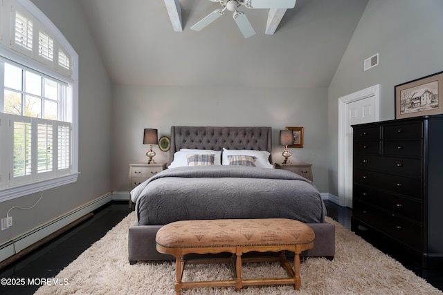 7 Stoney Brook Dr, Millstone, NJ 08510 - bedroom with a baseboard radiator, high vaulted ceiling, baseboards, and ceiling fan