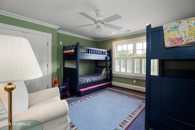 7 Stoney Brook Dr, Millstone, NJ 08510 - bedroom featuring a baseboard radiator, ornamental molding, a ceiling fan, and recessed lighting