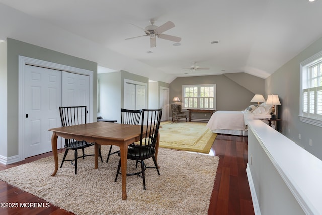 7 Stoney Brook Dr, Millstone, NJ 08510 - dining space with ceiling fan, dark wood-type flooring, vaulted ceiling, plenty of natural light, and baseboards