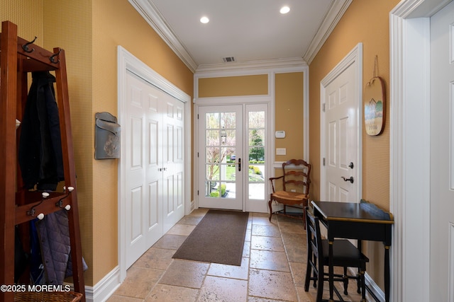7 Stoney Brook Dr, Millstone, NJ 08510 - entryway with baseboards, stone tile flooring, ornamental molding, and recessed lighting