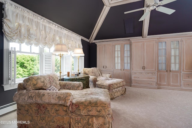 7 Stoney Brook Dr, Millstone, NJ 08510 - living area featuring carpet floors, a baseboard heating unit, a ceiling fan, high vaulted ceiling, and ornamental molding