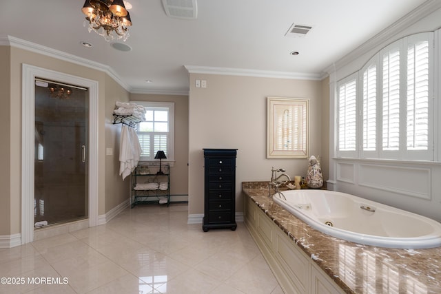 7 Stoney Brook Dr, Millstone, NJ 08510 - full bath with a tub with jets, a shower stall, crown molding, baseboards, and tile patterned flooring