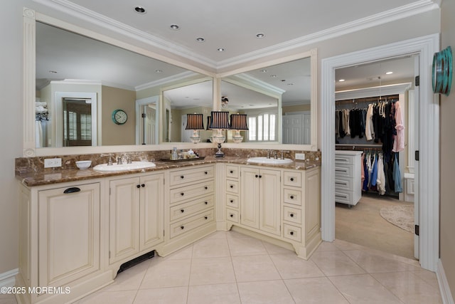 7 Stoney Brook Dr, Millstone, NJ 08510 - full bathroom featuring double vanity, tile patterned floors, ornamental molding, and a spacious closet