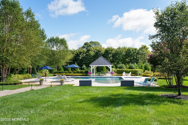7 Stoney Brook Dr, Millstone, NJ 08510 - outdoor pool featuring a gazebo, a yard, a patio, and view of wooded area
