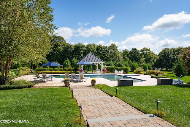 7 Stoney Brook Dr, Millstone, NJ 08510 - swimming pool with a gazebo, a patio, a lawn, and view of wooded area
