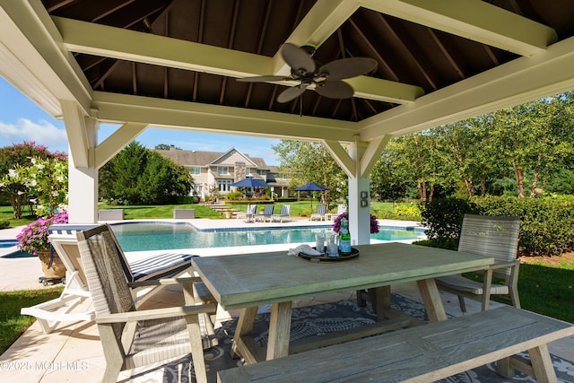 7 Stoney Brook Dr, Millstone, NJ 08510 - view of patio with a gazebo, a ceiling fan, outdoor dining area, and an outdoor pool