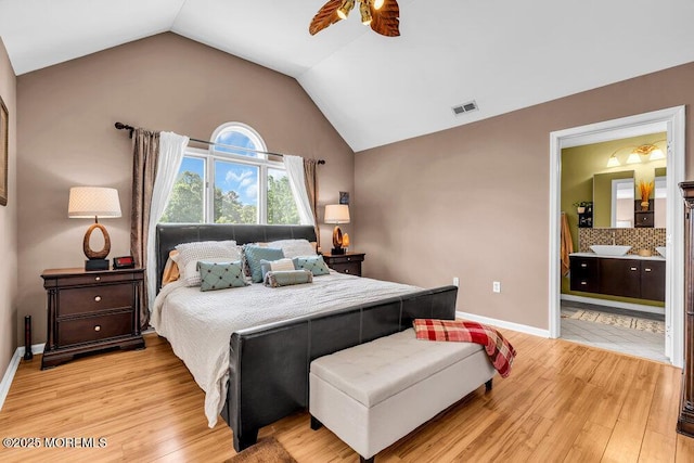 9 Kindling Way, Jackson, NJ 08527 - bedroom with vaulted ceiling, light wood finished floors, baseboards, connected bathroom, and ceiling fan