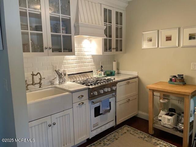 310 Maryland Ave Unit 11B, Point Pleasant Beach, NJ 08742 - kitchen with high end stainless steel range, custom exhaust hood, backsplash, light countertops, and a sink