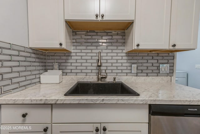 442 Bay Way, Lanoka Harbor, NJ 08734 - kitchen featuring a sink, stainless steel dishwasher, backsplash, and white cabinetry