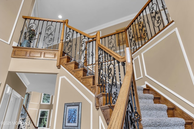 209 Shepard Way, Manalapan, NJ 07726 - stairs with a towering ceiling and crown molding