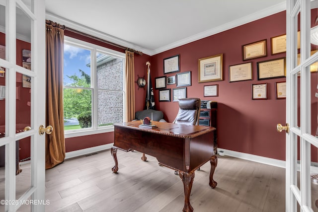 209 Shepard Way, Manalapan, NJ 07726 - home office featuring french doors, wood finished floors, baseboards, healthy amount of natural light, and crown molding