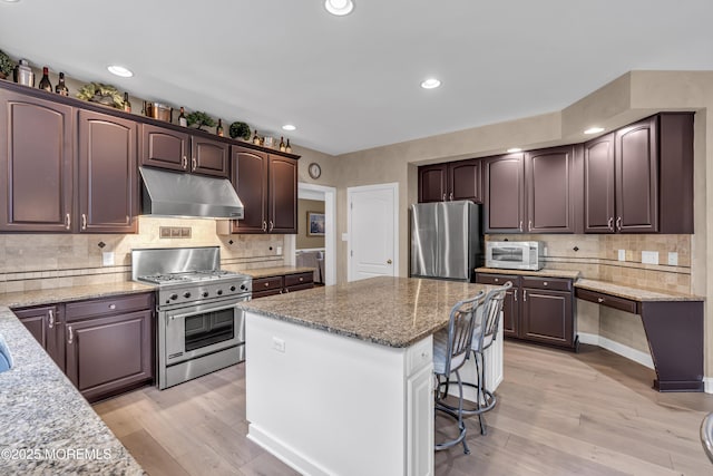 209 Shepard Way, Manalapan, NJ 07726 - kitchen featuring stainless steel appliances, under cabinet range hood, a kitchen island, light wood-type flooring, and recessed lighting