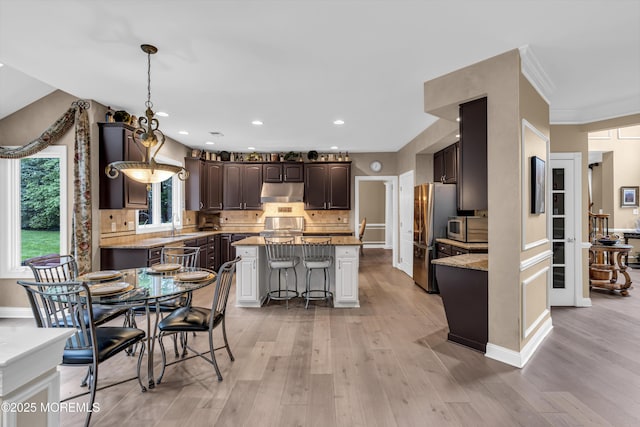 209 Shepard Way, Manalapan, NJ 07726 - kitchen with stainless steel appliances, under cabinet range hood, dark brown cabinets, a center island, and light wood-style floors