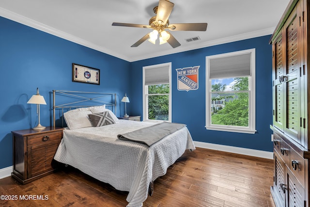 209 Shepard Way, Manalapan, NJ 07726 - bedroom featuring baseboards, dark wood finished floors, crown molding, and a ceiling fan