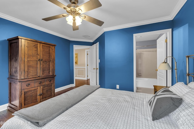 209 Shepard Way, Manalapan, NJ 07726 - bedroom featuring crown molding, wood finished floors, ceiling fan, baseboards, and ensuite bath
