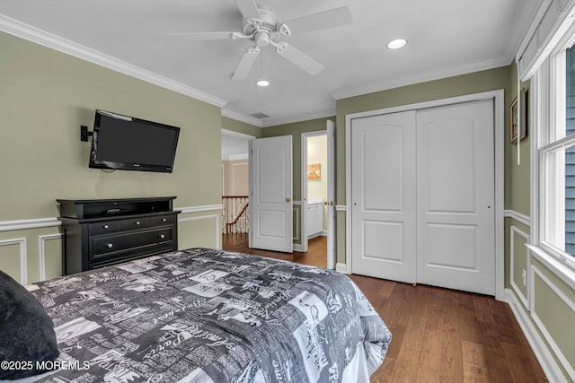 209 Shepard Way, Manalapan, NJ 07726 - bedroom featuring a decorative wall, recessed lighting, a closet, crown molding, and dark wood-style flooring