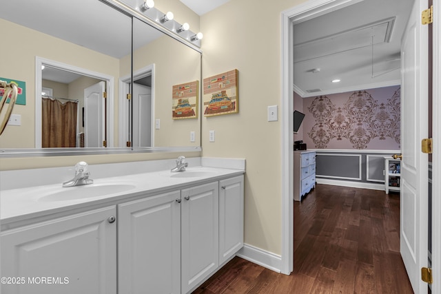 209 Shepard Way, Manalapan, NJ 07726 - bathroom featuring double vanity, wood finished floors, wainscoting, and crown molding