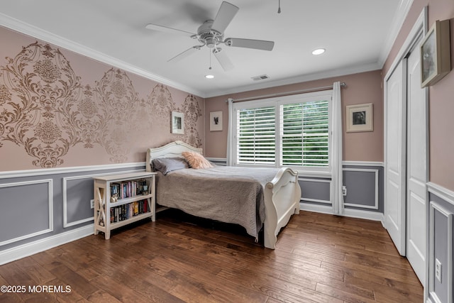209 Shepard Way, Manalapan, NJ 07726 - bedroom with wood-type flooring, ornamental molding, wainscoting, recessed lighting, and a decorative wall