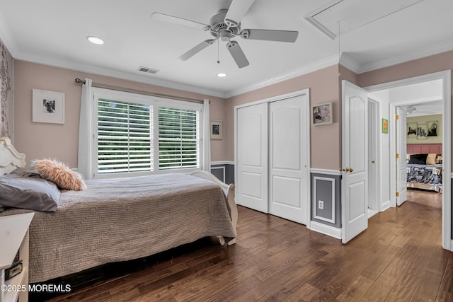 209 Shepard Way, Manalapan, NJ 07726 - bedroom featuring attic access, ornamental molding, wood finished floors, a closet, and recessed lighting