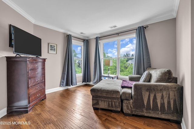209 Shepard Way, Manalapan, NJ 07726 - living area with ornamental molding, dark wood-type flooring, and baseboards