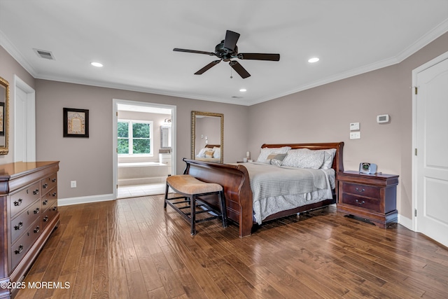 209 Shepard Way, Manalapan, NJ 07726 - bedroom with dark wood finished floors, ornamental molding, baseboards, recessed lighting, and ceiling fan