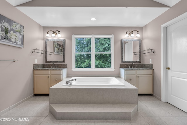 209 Shepard Way, Manalapan, NJ 07726 - bathroom with a garden tub, tile patterned flooring, two vanities, and recessed lighting