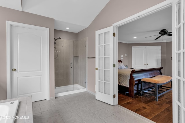 209 Shepard Way, Manalapan, NJ 07726 - bathroom featuring french doors, a stall shower, tile patterned floors, recessed lighting, and a ceiling fan