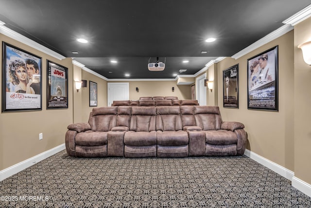 209 Shepard Way, Manalapan, NJ 07726 - cinema room with recessed lighting, crown molding, baseboards, and carpet flooring