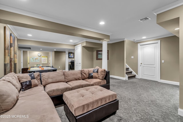 209 Shepard Way, Manalapan, NJ 07726 - living area with carpet flooring, baseboards, recessed lighting, crown molding, and stairway