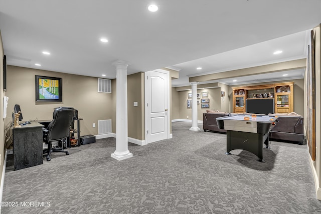 209 Shepard Way, Manalapan, NJ 07726 - playroom featuring carpet flooring, crown molding, recessed lighting, baseboards, and ornate columns