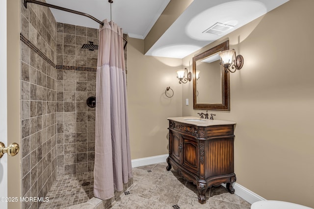 209 Shepard Way, Manalapan, NJ 07726 - full bath with a tile shower, crown molding, vanity, and baseboards