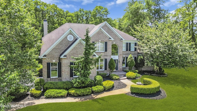 209 Shepard Way, Manalapan, NJ 07726 - view of front of home with a chimney, brick siding, and a front yard