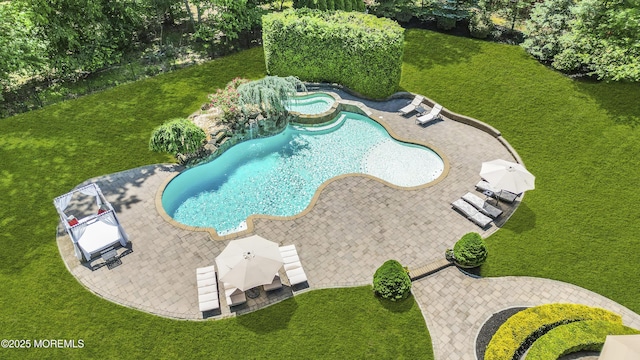 209 Shepard Way, Manalapan, NJ 07726 - view of pool with a lawn, a pool with connected hot tub, and a patio area