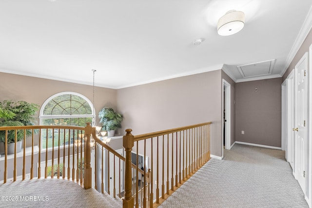 6 Overlook Dr, Jackson, NJ 08527 - hall featuring attic access, carpet floors, an upstairs landing, baseboards, and crown molding