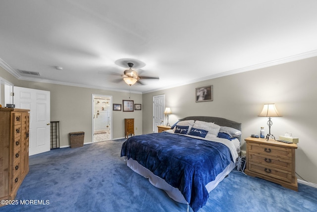 6 Overlook Dr, Jackson, NJ 08527 - bedroom featuring carpet floors, ornamental molding, baseboards, connected bathroom, and a ceiling fan