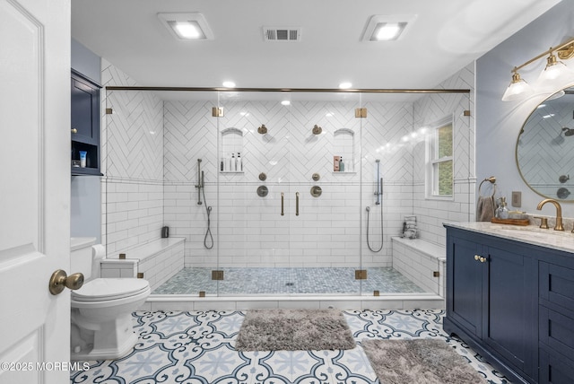 6 Overlook Dr, Jackson, NJ 08527 - bathroom featuring tile patterned floors, vanity, toilet, a shower stall, and recessed lighting
