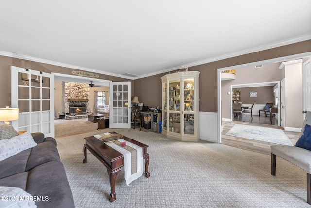 6 Overlook Dr, Jackson, NJ 08527 - living area with french doors, crown molding, a ceiling fan, and carpet flooring