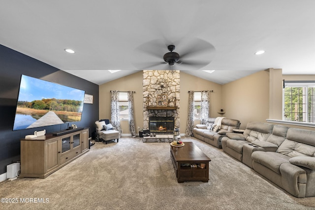 6 Overlook Dr, Jackson, NJ 08527 - living room with a ceiling fan, carpet, a skylight, a fireplace, and lofted ceiling