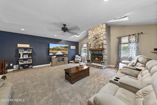 6 Overlook Dr, Jackson, NJ 08527 - carpeted living area with ceiling fan, a fireplace, baseboards, lofted ceiling, and recessed lighting