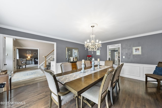 6 Overlook Dr, Jackson, NJ 08527 - dining area featuring a chandelier, dark wood-style floors, crown molding, stairs, and wainscoting