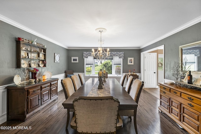 6 Overlook Dr, Jackson, NJ 08527 - dining space featuring a chandelier, crown molding, dark wood-style flooring, and a wainscoted wall