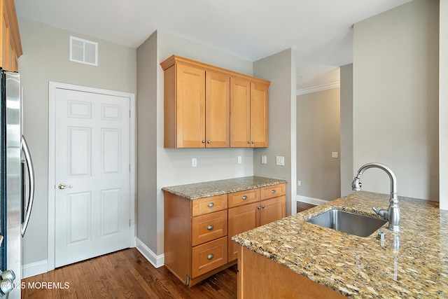 401 Captains Way, Neptune Township, NJ 07753 - kitchen with freestanding refrigerator, dark wood-type flooring, and light stone countertops