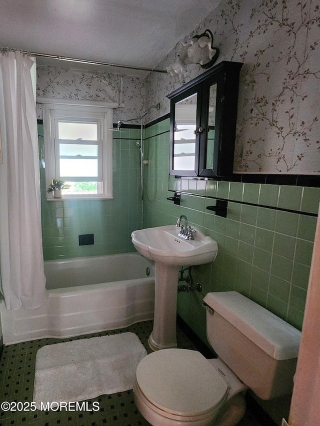 2102 Princeton Pike, Lawrence, NJ 08648 - full bathroom with toilet, shower / tub combo with curtain, wallpapered walls, tile walls, and wainscoting