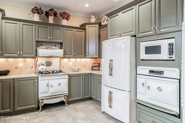 304 8th Ave, Belmar, NJ 07719 - kitchen with white appliances, gray cabinetry, light countertops, ornamental molding, and tasteful backsplash