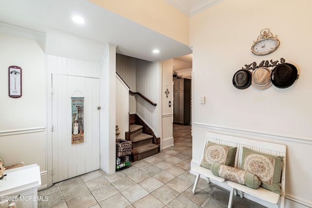 304 8th Ave, Belmar, NJ 07719 - entrance foyer with stairway, ornamental molding, recessed lighting, and light tile patterned flooring