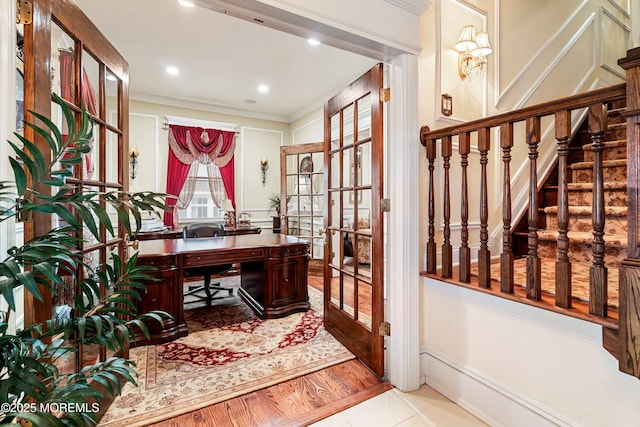 304 8th Ave, Belmar, NJ 07719 - office area featuring a decorative wall, french doors, crown molding, recessed lighting, and tile patterned floors