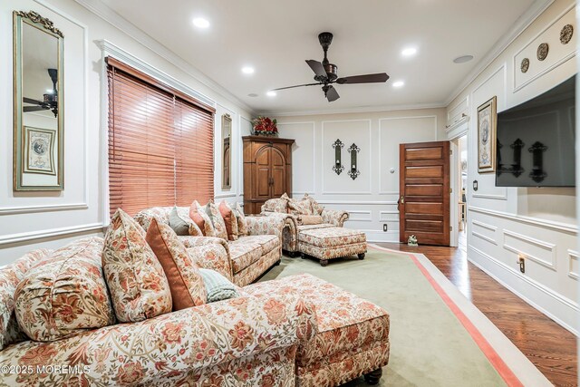 304 8th Ave, Belmar, NJ 07719 - living room featuring ceiling fan, a decorative wall, ornamental molding, light wood-style flooring, and recessed lighting
