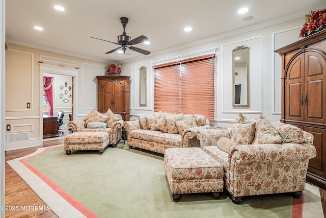 304 8th Ave, Belmar, NJ 07719 - living area featuring a decorative wall, ceiling fan, ornamental molding, wood finished floors, and recessed lighting