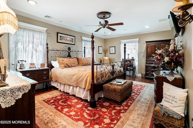 304 8th Ave, Belmar, NJ 07719 - bedroom with multiple windows, wood finished floors, recessed lighting, crown molding, and a ceiling fan